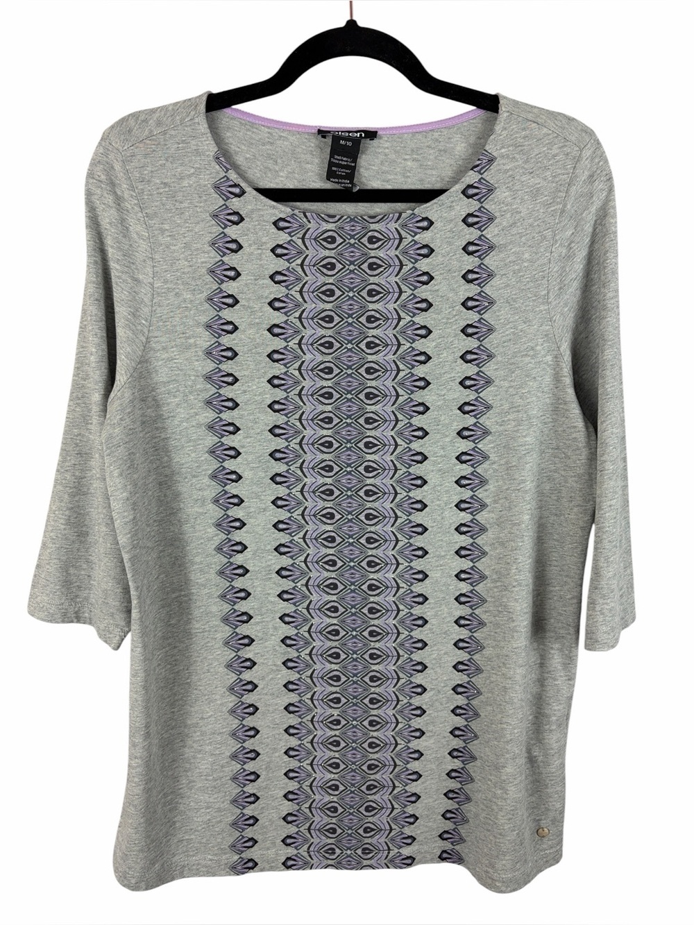 Olsen Gray Geometric Print Embellished Cotton Top 3/4 Sleeve Medium (10)
